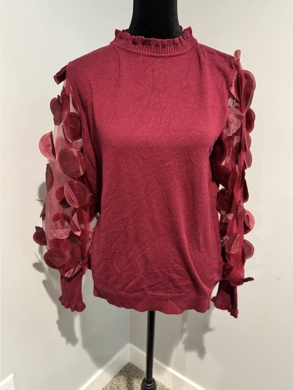 Sioni Sweater Womens Large Red Mock Neck Sheer Balloon Sleeve Applique Detail